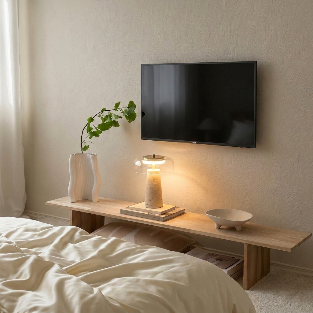 Lampe en travertin et verre clair allumée sur une console basse en bois clair, dans une chambre