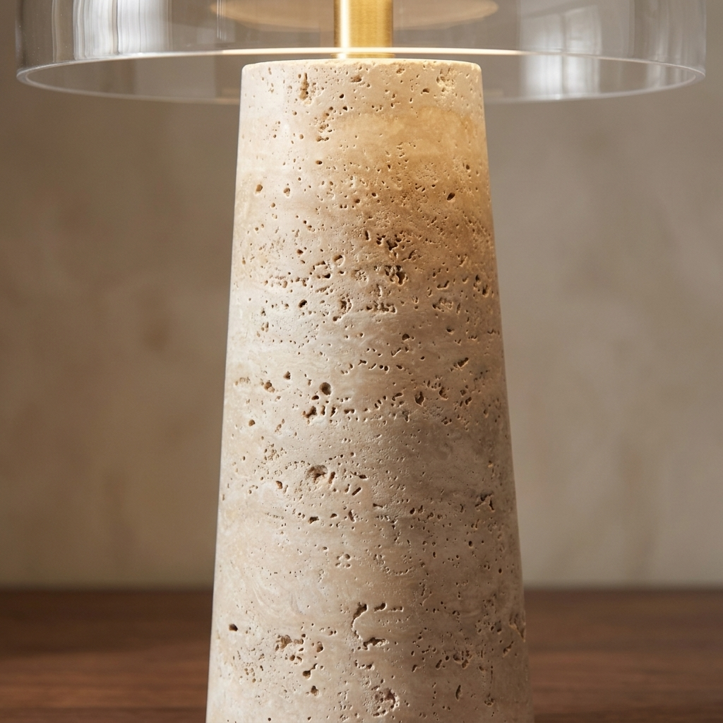 Gros plan sur les pores et les strates de la base en travertin d'une lampe de chevet