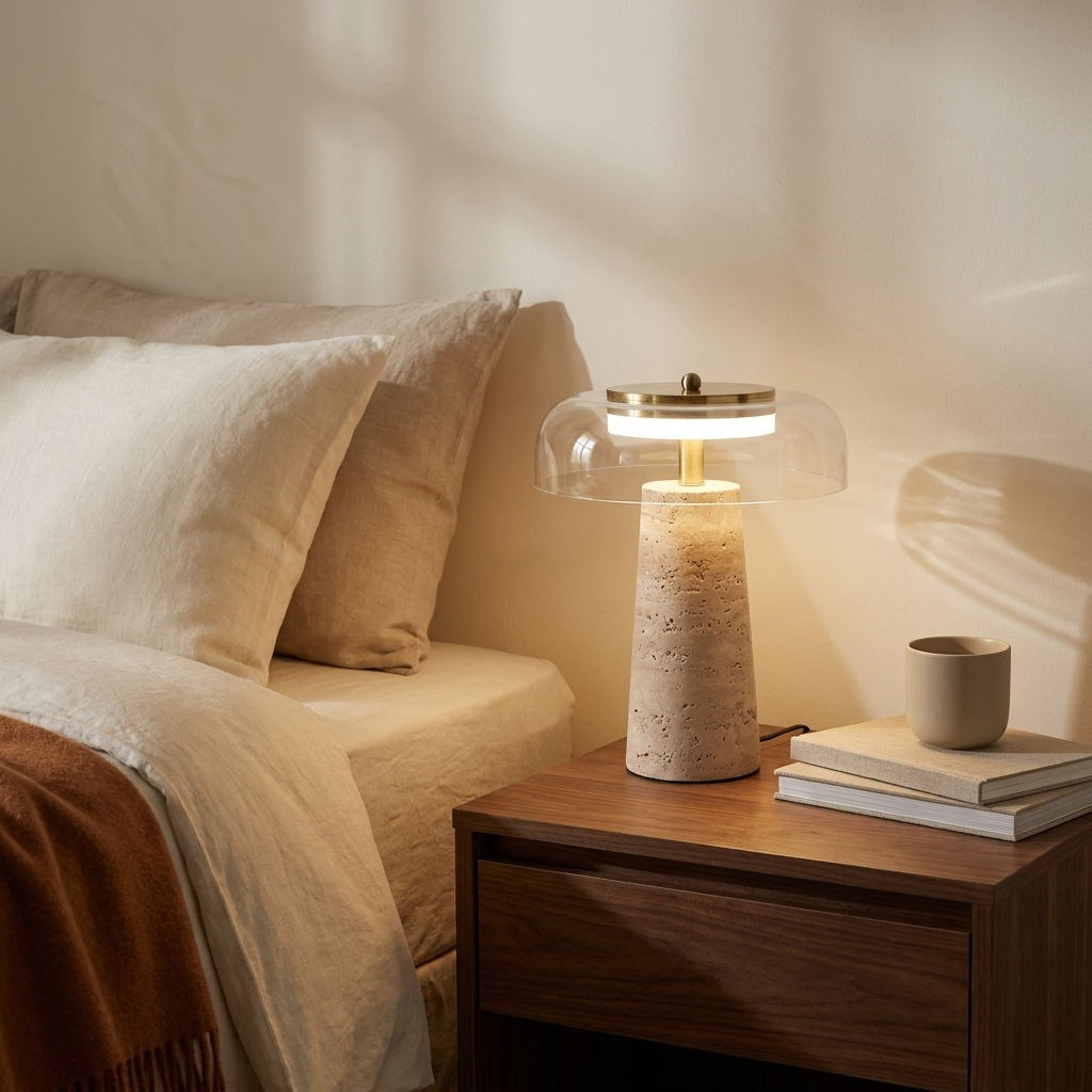 Lampe de chevet en travertin et verre clair allumée sur une table de nuit en noyer, à côté d'un lit en lin