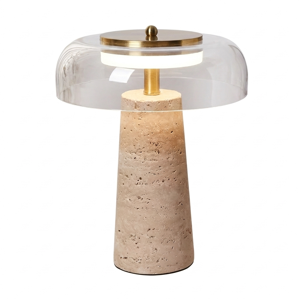 Lampe de chevet en travertin avec abat-jour champignon en verre clair, sur fond blanc