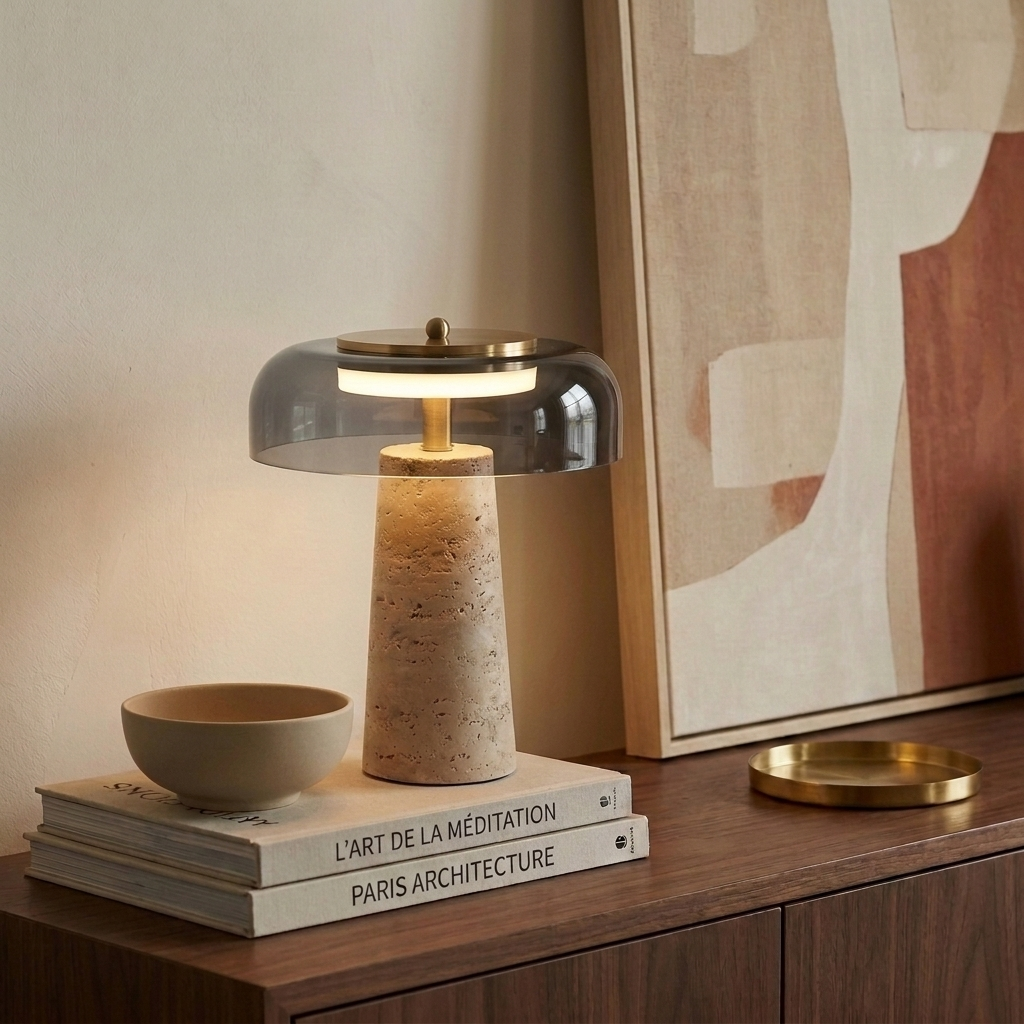 Lampe en travertin et verre fumé allumée sur un buffet en noyer, à côté d'un bol en céramique et de livres