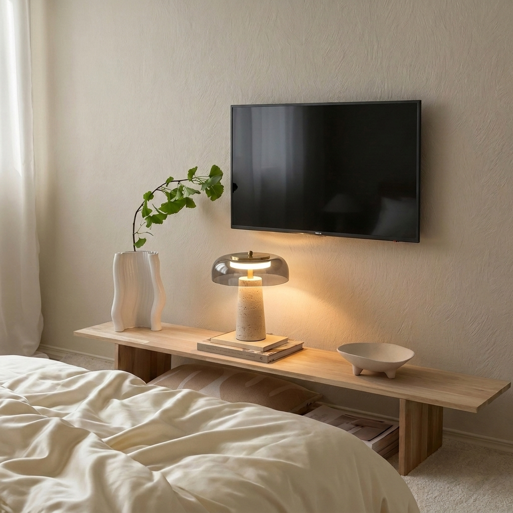 Lampe en travertin et verre fumé allumée sur une console basse en bois clair, dans une chambre