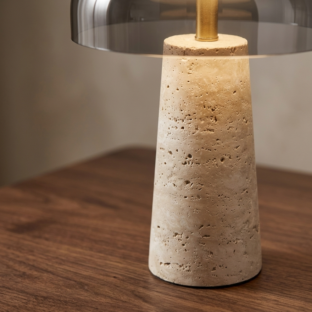 Gros plan sur les pores et les strates de la base en travertin d'une lampe de chevet en verre fumé