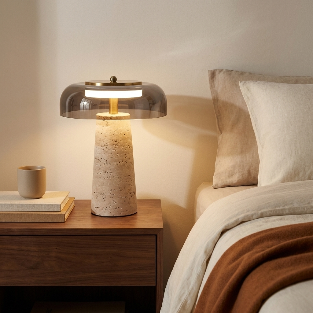 Lampe de chevet en travertin et verre fumé allumée sur une table de nuit en noyer, à côté d'un lit en lin