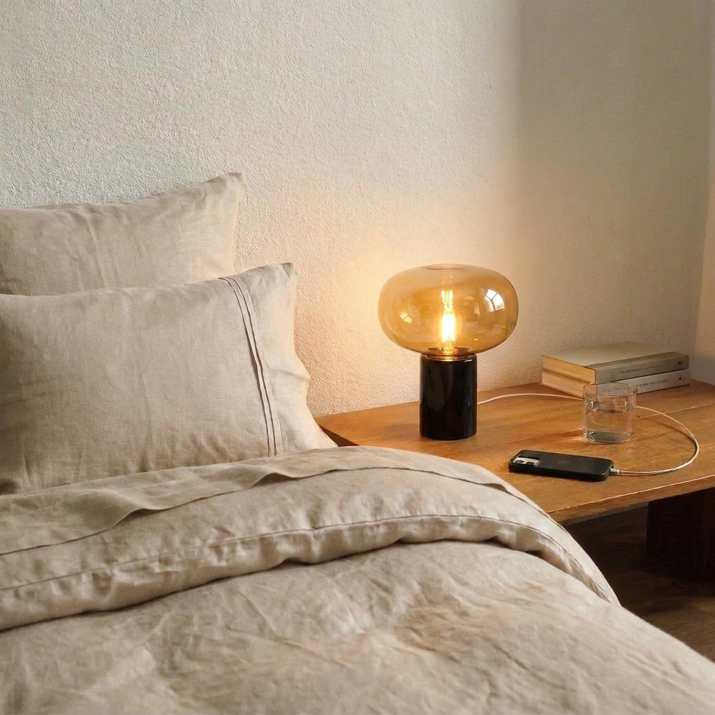 Lampe en marbre noir et verre cognac allumée sur une table de nuit en bois, à côté d'un lit en lin beige