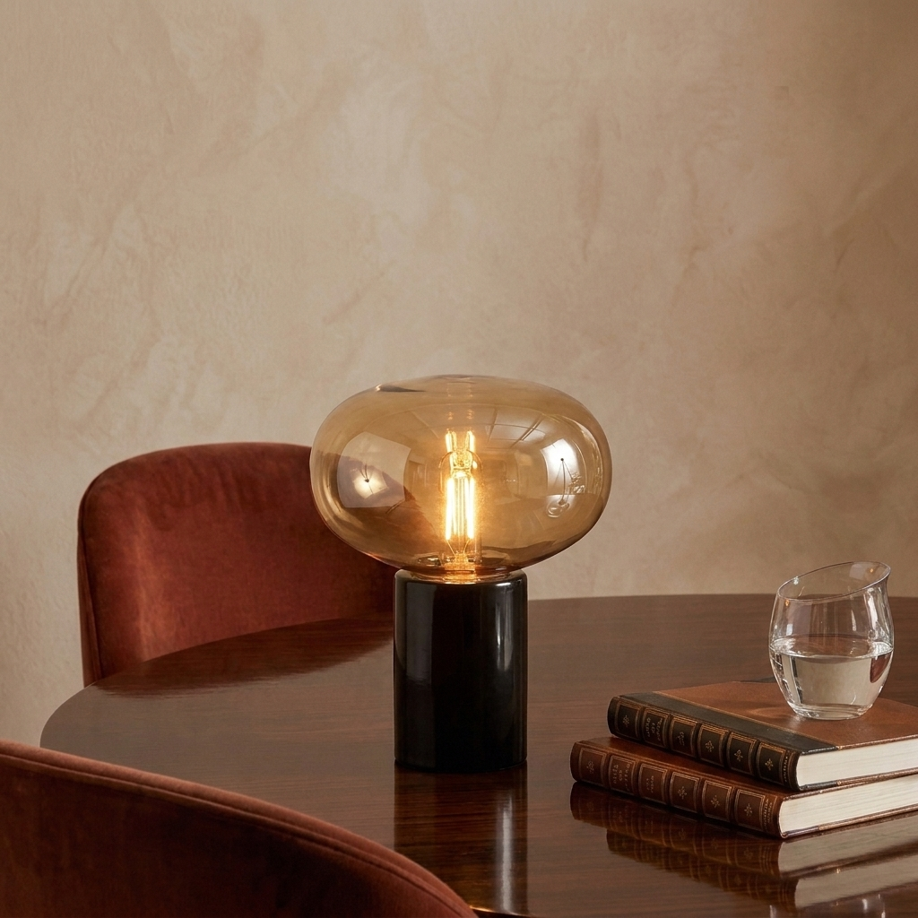 Lampe de table en marbre noir et verre cognac allumée sur une table en bois foncé, à côté d'une chaise en velours rouille