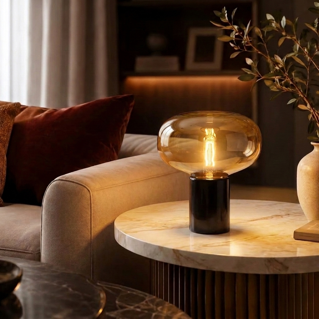 Lampe de table en marbre noir et verre cognac allumée sur une table d'appoint en pierre claire, à côté d'un canapé beige