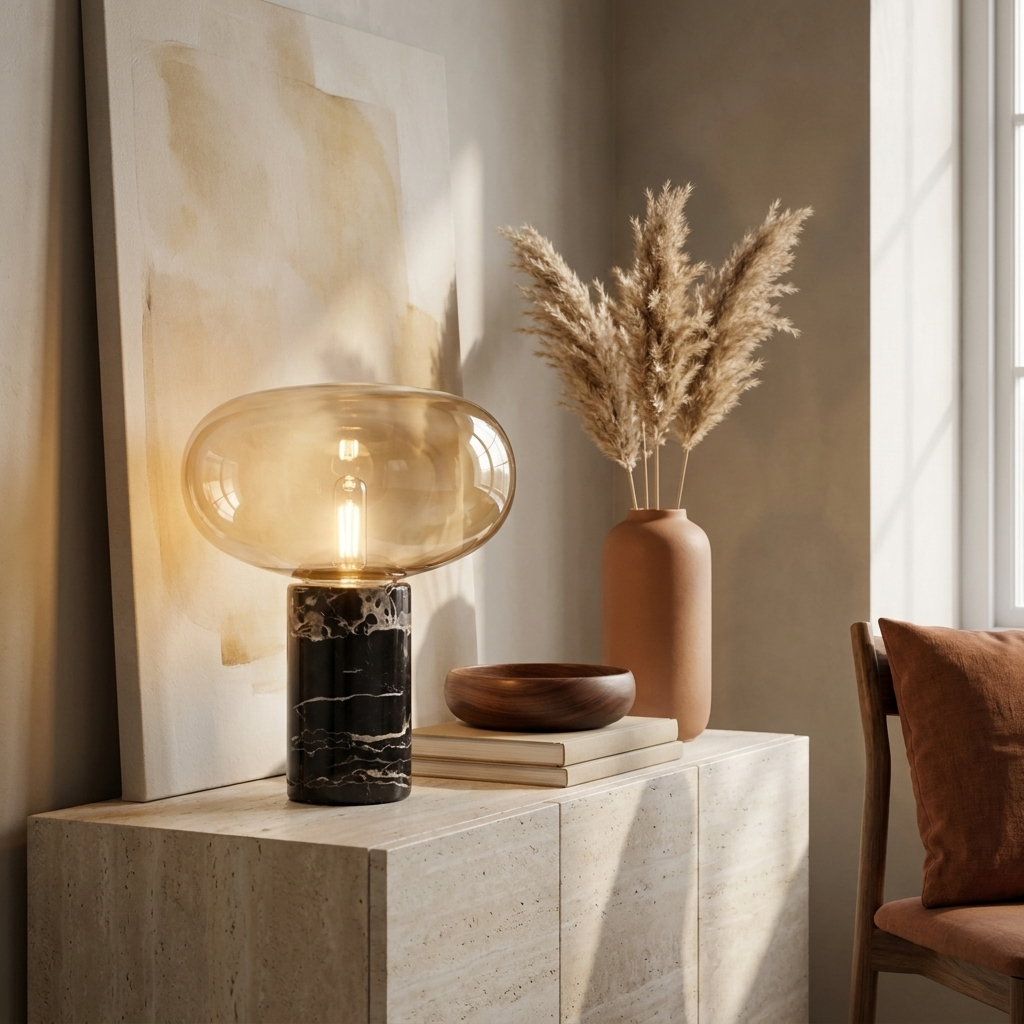 Lampe de table en marbre veiné et verre cognac allumée sur un buffet en travertin, à côté d'un vase terracotta et de pampas