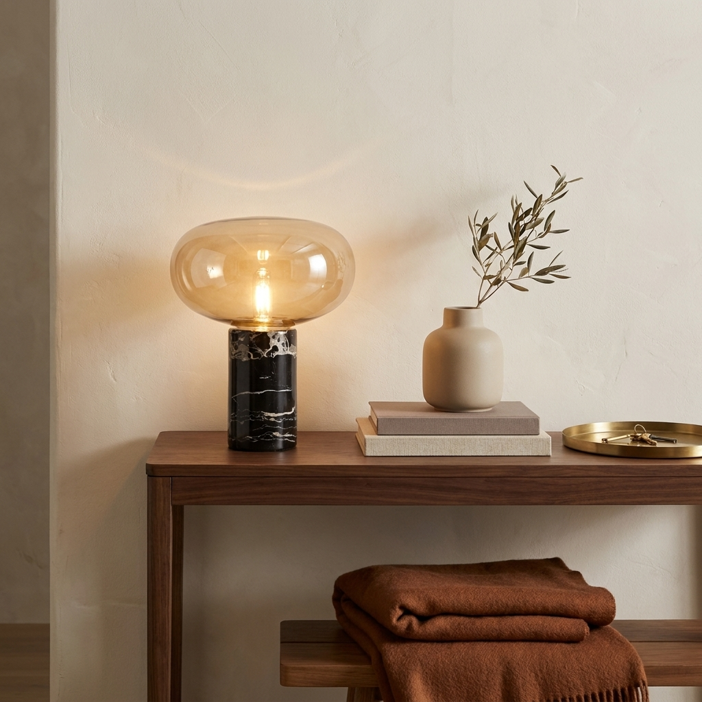 Lampe de table en marbre veiné et verre cognac allumée sur une console d'entrée en noyer, contre un mur ivoire