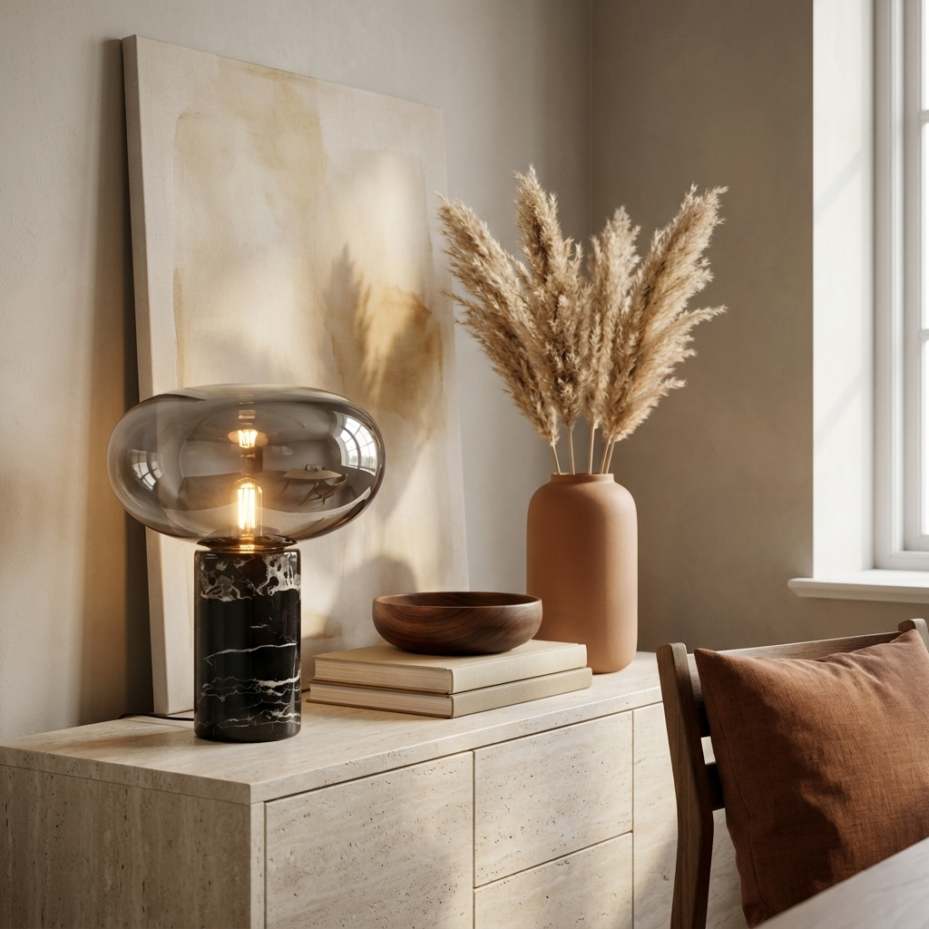 Lampe de table en marbre veiné et verre fumé allumée sur un buffet en travertin, à côté d'un vase terracotta et de pampas