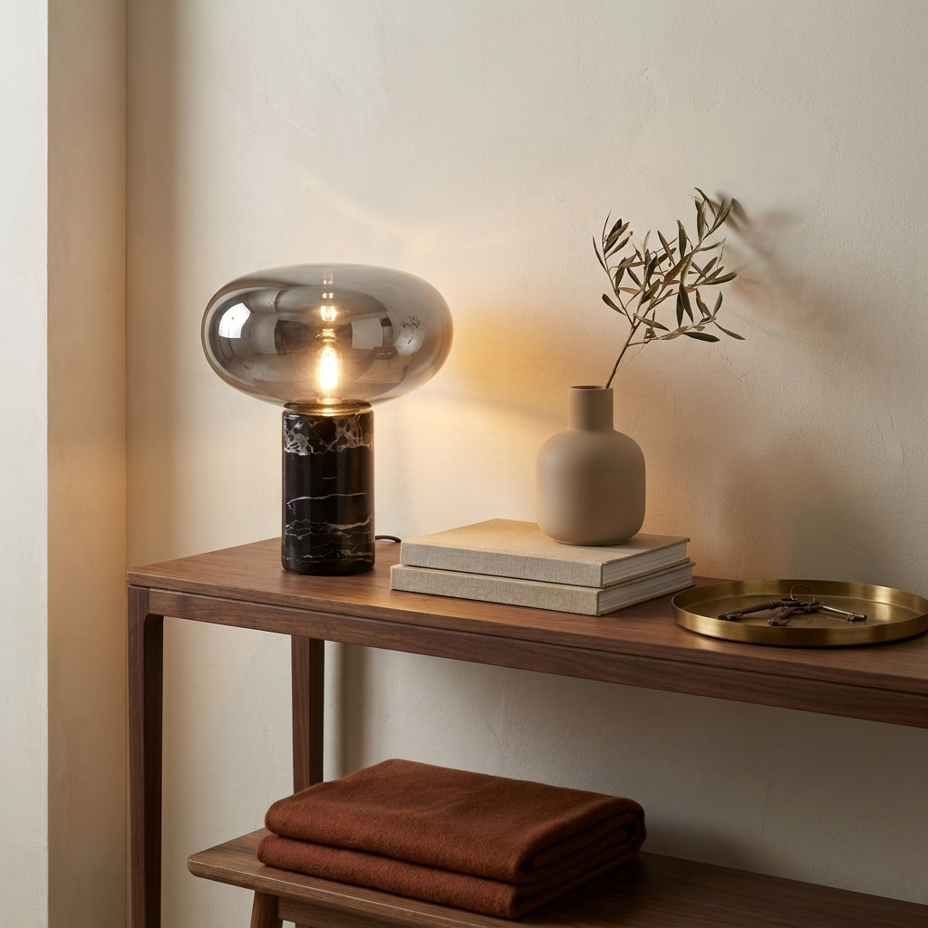 Lampe de table en marbre veiné et verre fumé allumée sur une console d'entrée en noyer, contre un mur ivoire