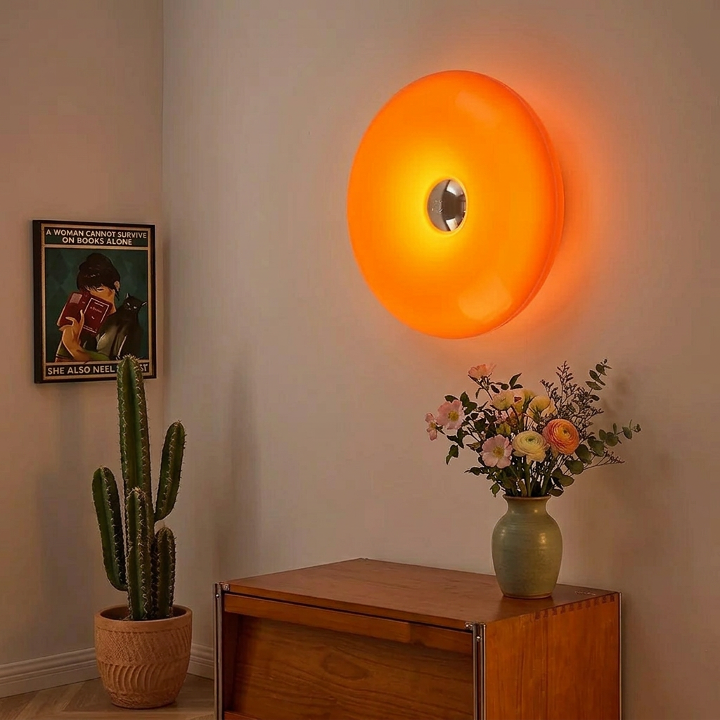 Lampe donut orange sans fil allumée sur un bureau