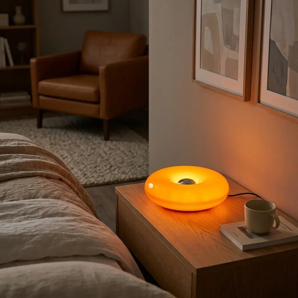 Lampe donut orange allumée sur une table de chevet