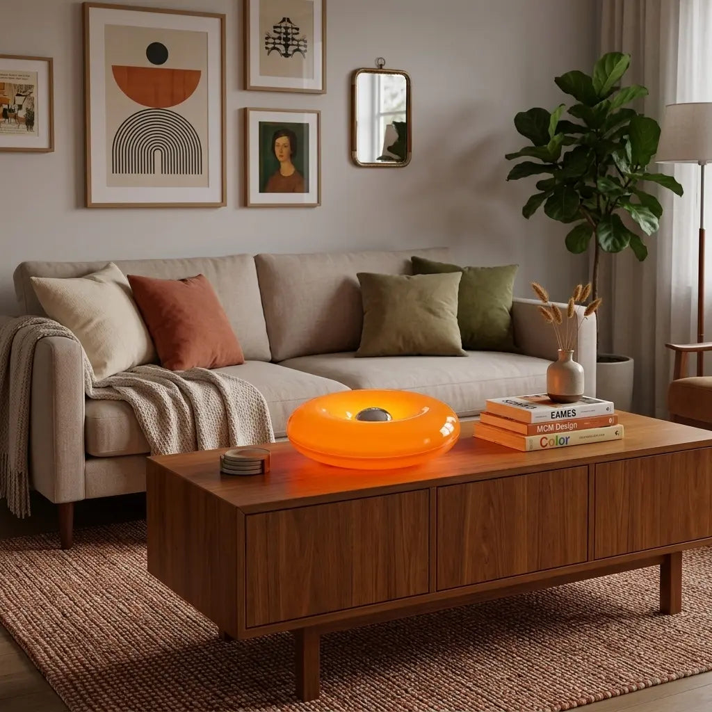 Lampe donut orange allumée dans un salon
