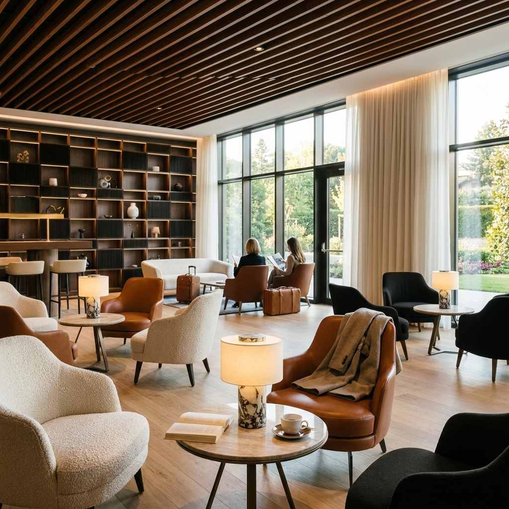 Lampes en marbre allumées sur les tables basses d'un salon d'hôtel avec baie vitrée sur jardin