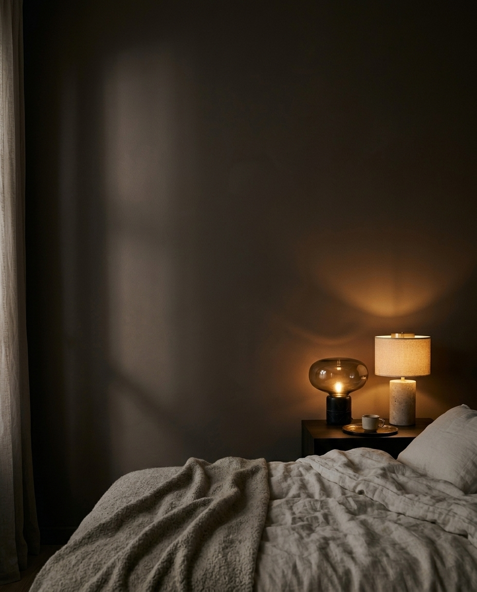 Lampes de chevet en verre fumé et en travertin allumées sur une table de nuit